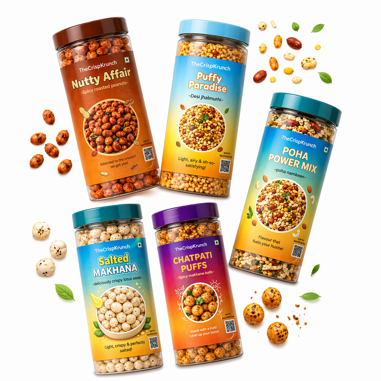 The Crisp Krunch healthy snack range — Nutty Affair, Puffy Paradise, Poha Power Mix, Salted Makhana and Chatpati Puffs, clean ingredients no palm oil