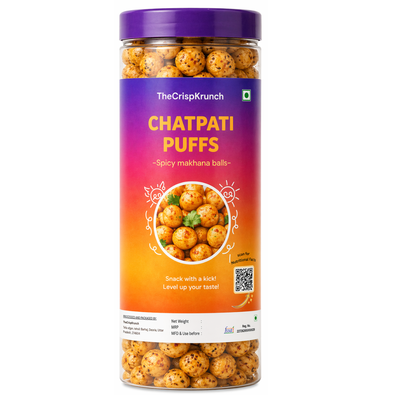 The Crisp Krunch masala chatpati puffs — spicy masala makhana fox nuts snack, no palm oil, clean ingredients