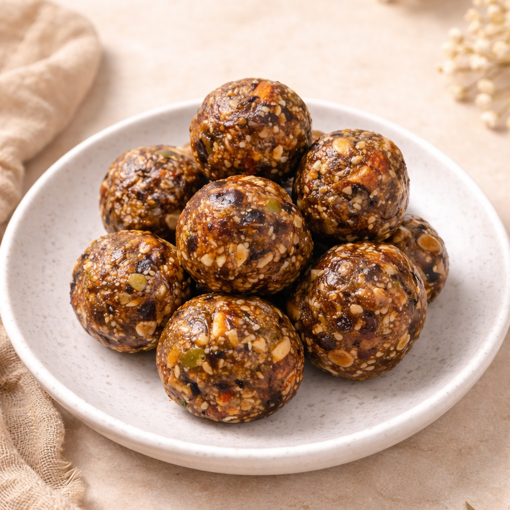 The Crisp Krunch Date Fusion Bites closeup — wholesome dates and mixed nut laddu balls, no refined sugar, no preservatives, made with ghee