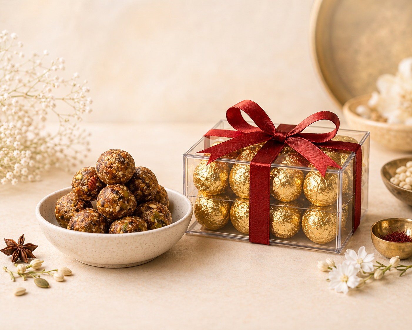 The Crisp Krunch Date Fusion Bites gift box — healthy dates and nut laddu hamper, no refined sugar, no preservatives, made with ghee