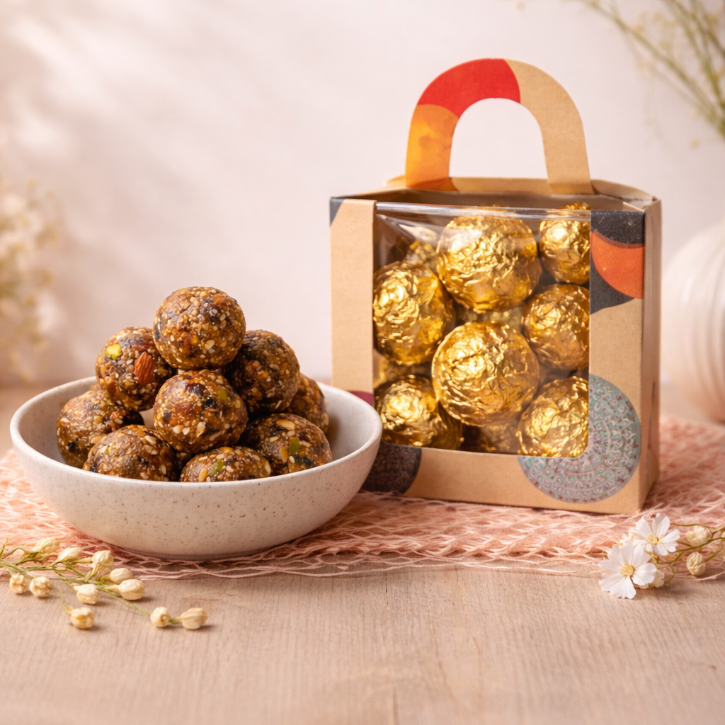 The Crisp Krunch Date Fusion Bites — healthy dates laddu with nuts and seeds, no refined sugar, no preservatives, made with ghee