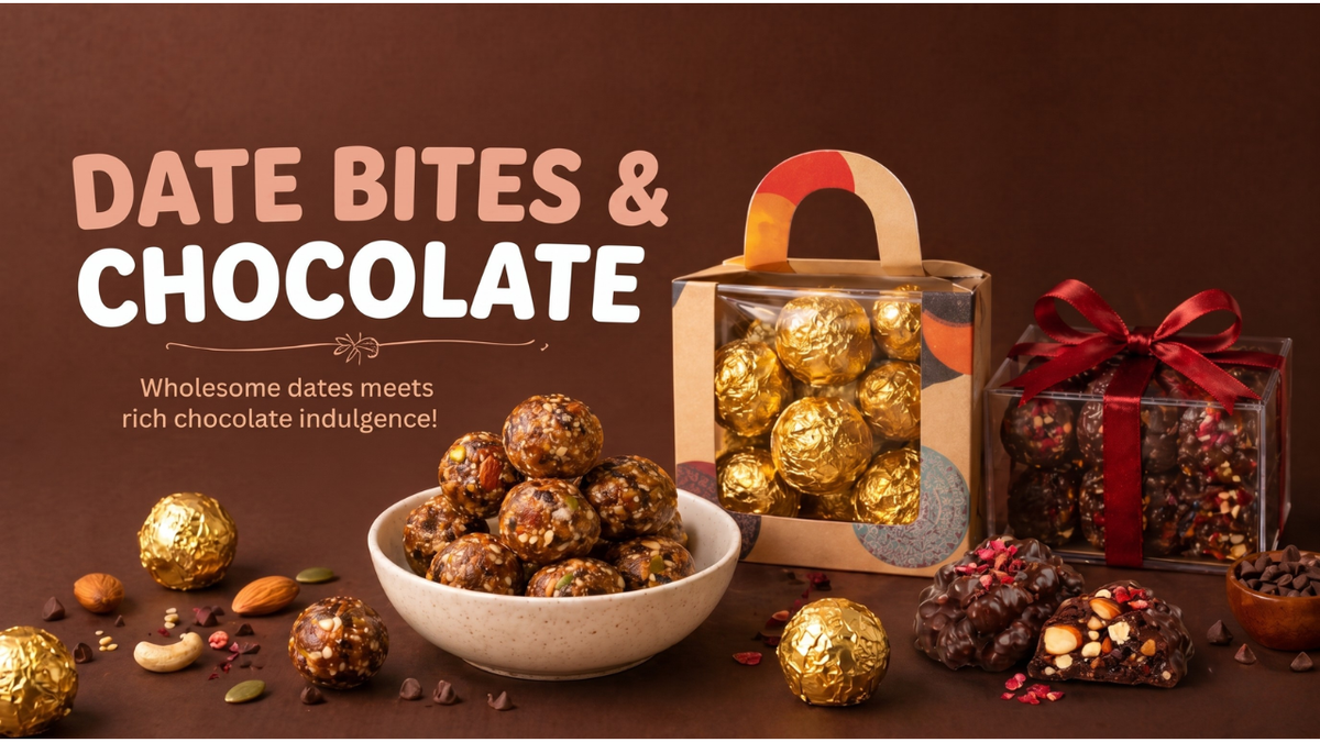 The Crisp Krunch Date Bites and Chocolate collection — wholesome dates laddu with rich chocolate, clean ingredients, no preservatives