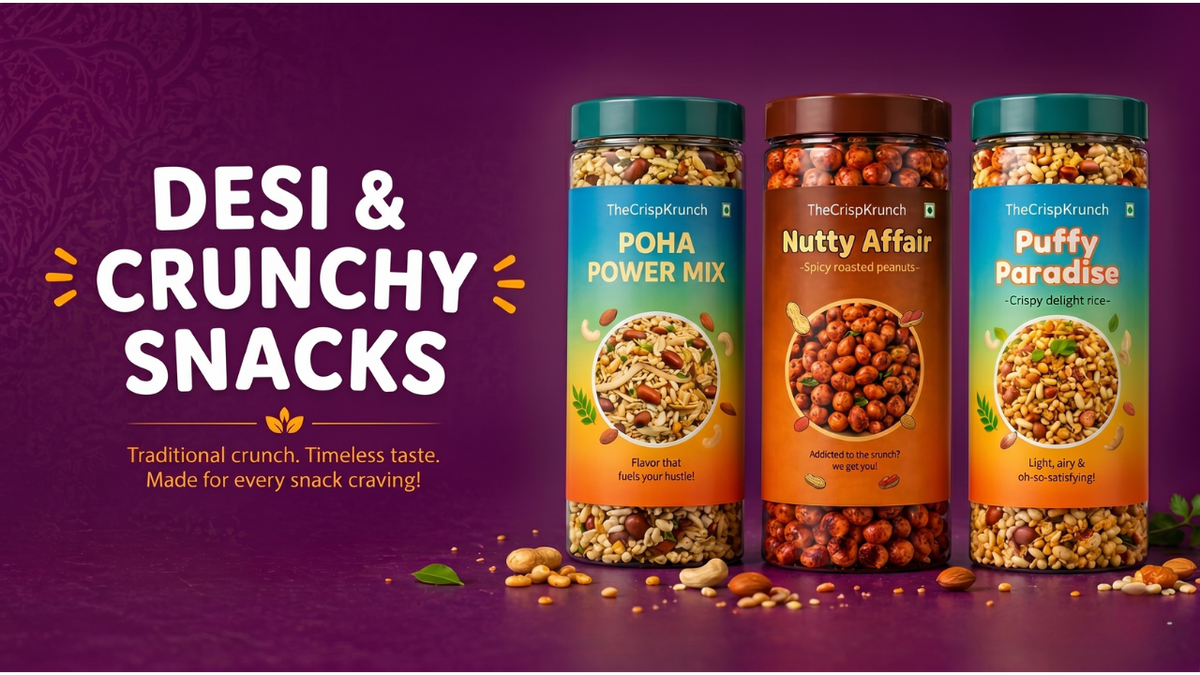 The Crisp Krunch desi and crunchy snacks collection — Poha Power Mix, Nutty Affair spicy roasted peanuts, Puffy Paradise rice puff namkeen and more traditional Indian snacks, clean ingredients