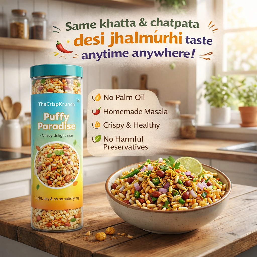 Jar of 'Puffy Paradise' snack with a bowl of the snack on a kitchen counter, featuring text about taste and ingredients.