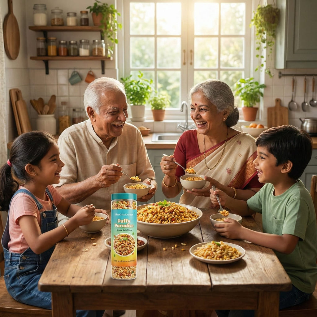 Family of four, including grandparents and two children, eating together at a kitchen table with a Puffed Barley product in the foreground.