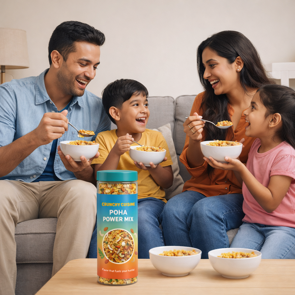 Family of four enjoying Poha Power Mix together in a cozy living room.