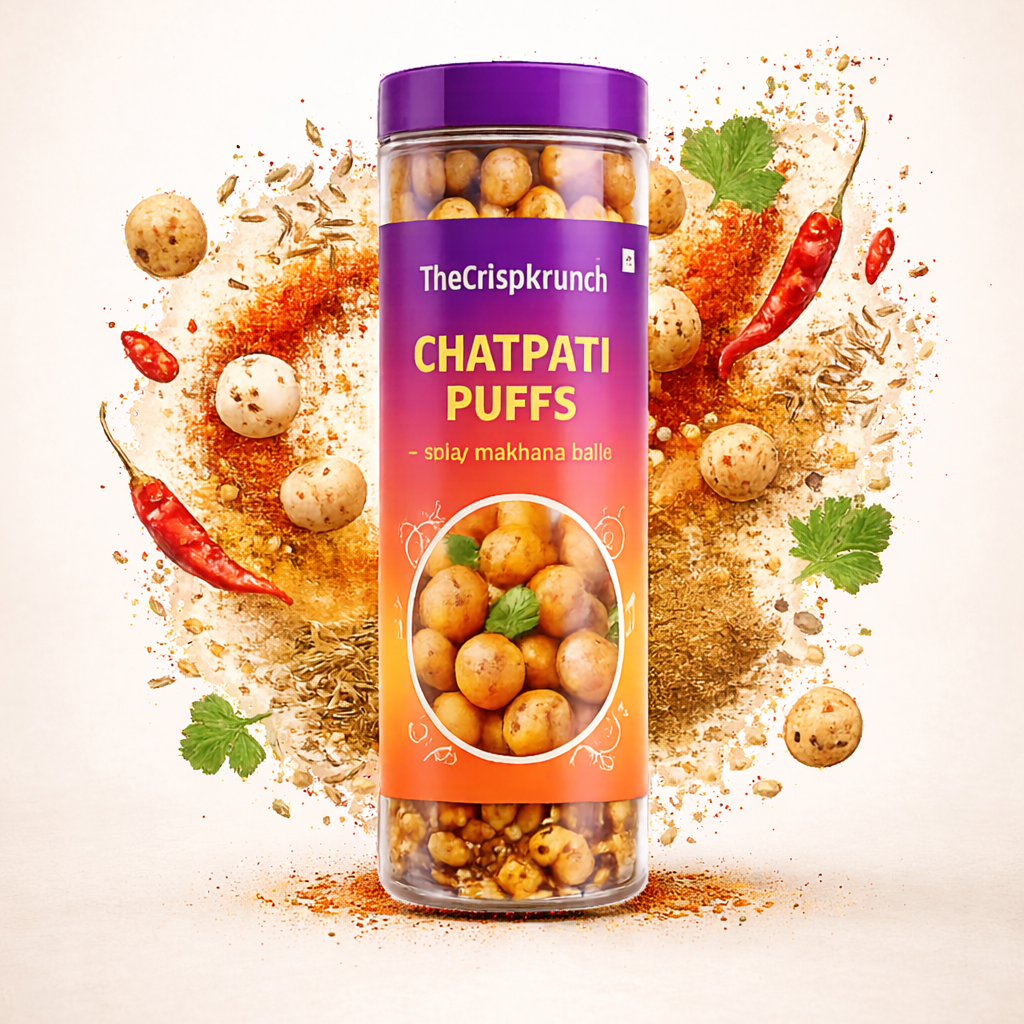 Jar of Chatpati Puffs with colorful ingredients on a beige background