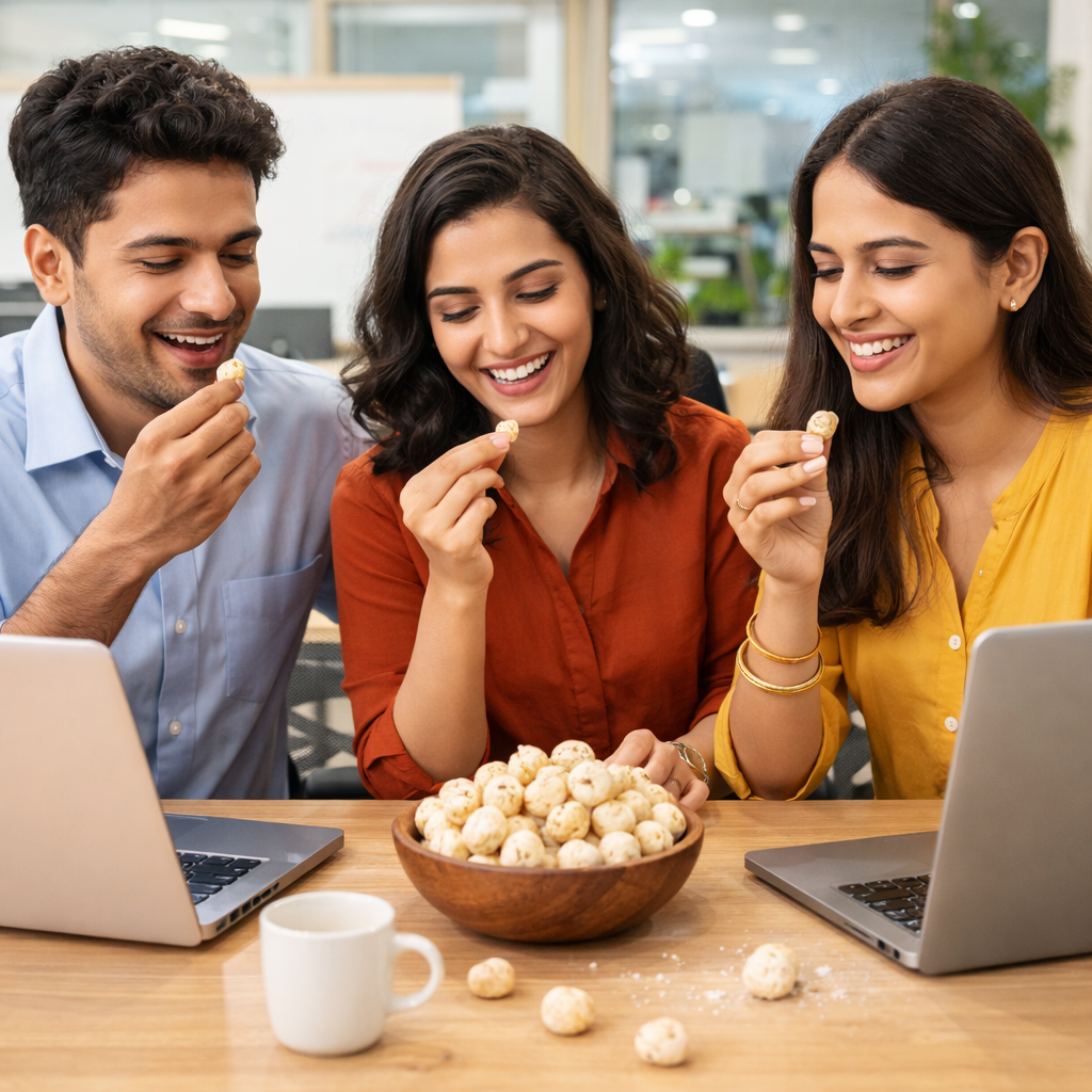 Colleagues enjoying The Crisp Krunch Salted Makhana at office — healthy guilt-free fox nuts snack for work