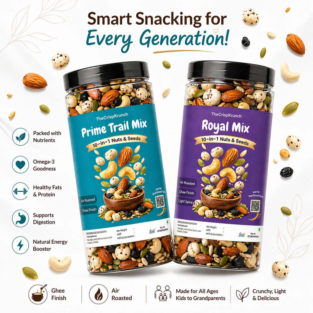 The Crisp Krunch Prime Trail Mix and Royal Mix — 10-in-1 nuts and seeds, air roasted, ghee finish, omega-3 goodness, healthy snack for all ages