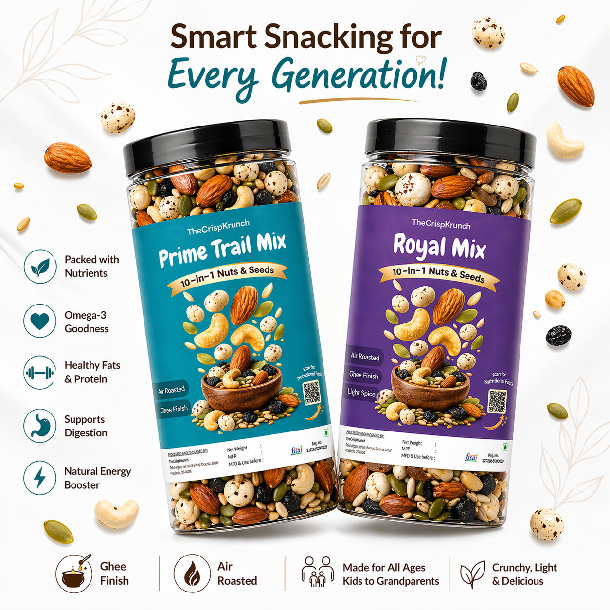 The Crisp Krunch Prime Trail Mix and Royal Mix — 10-in-1 nuts and seeds, air roasted, ghee finish, omega-3 goodness, healthy snack for all ages