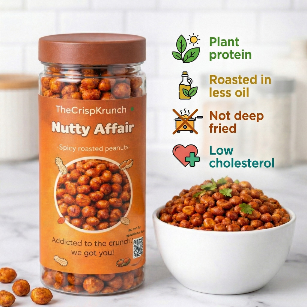 The Crisp Krunch Nutty Affair — spicy roasted peanuts with plant protein, roasted in less oil, not deep fried, low cholesterol