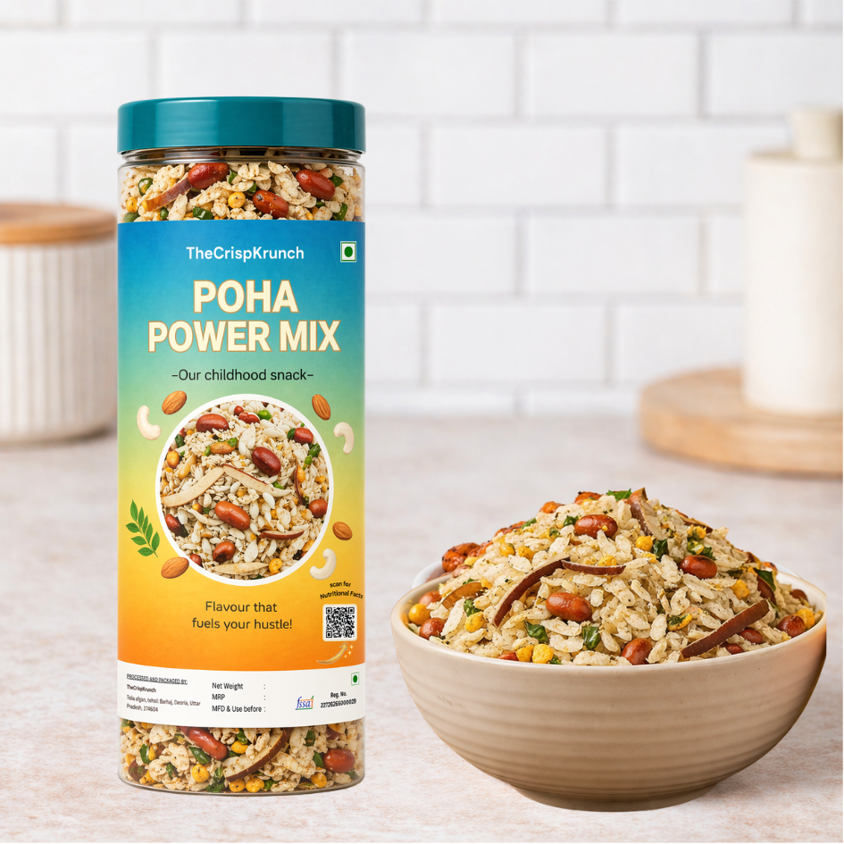 The Crisp Krunch Poha Power Mix — healthy poha namkeen with peanuts and spices, our childhood snack reimagined, clean ingredients
