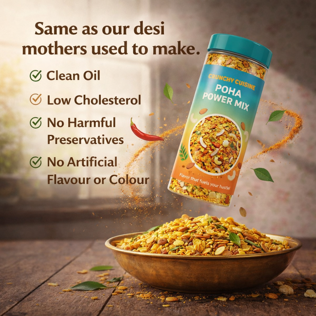 Poha power mix jar with a bowl of poha on a wooden surface, featuring health benefits text.