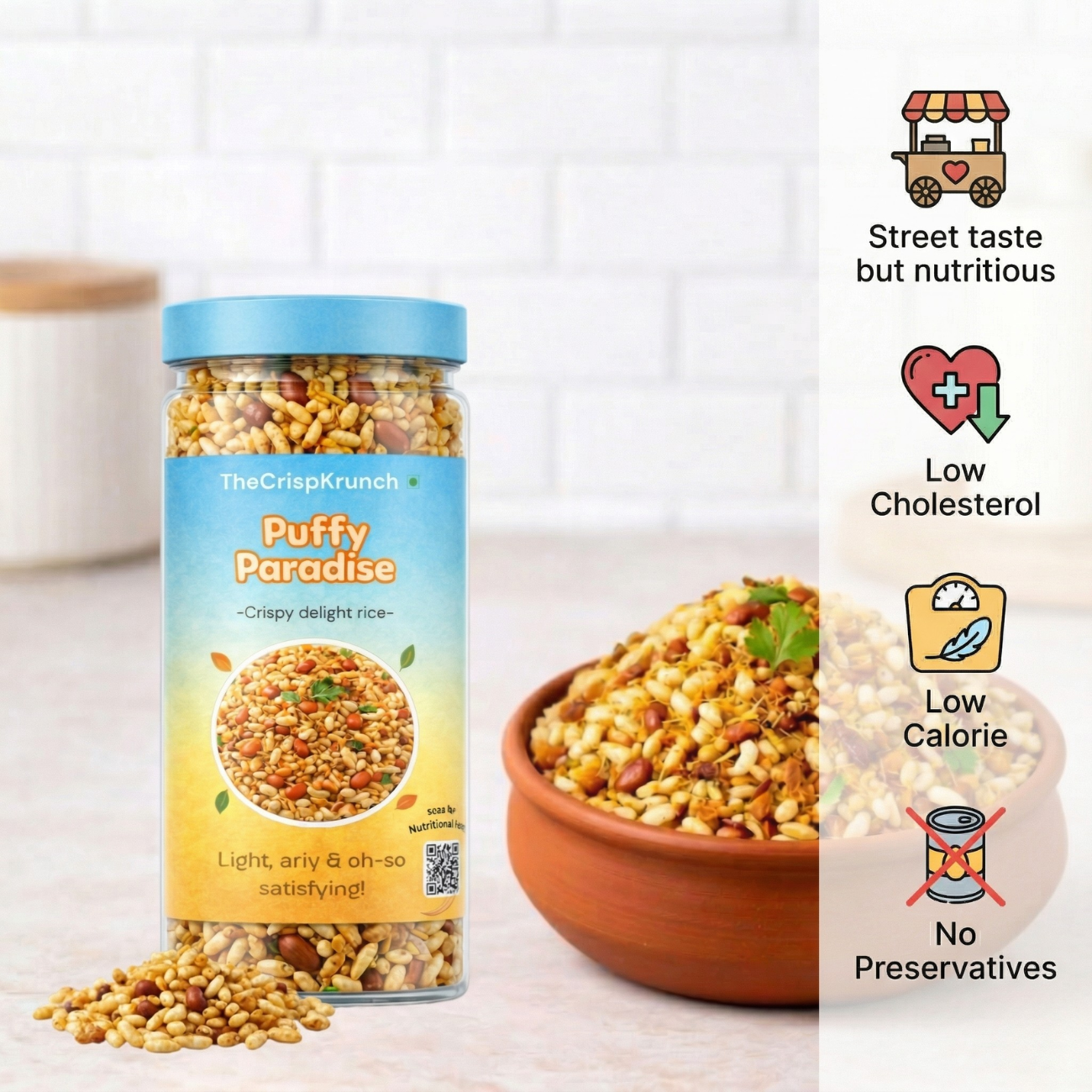 The Crisp Krunch Puffy Paradise — street taste crispy rice puff namkeen, low cholesterol, low calorie, no preservatives