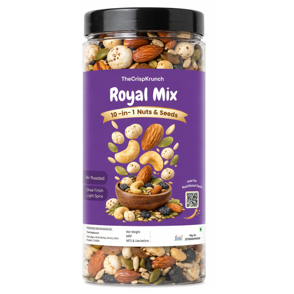 The Crisp Krunch Royal Mix — 10-in-1 air roasted nuts and seeds with A2 cow ghee, light spice, healthy nut mix snack