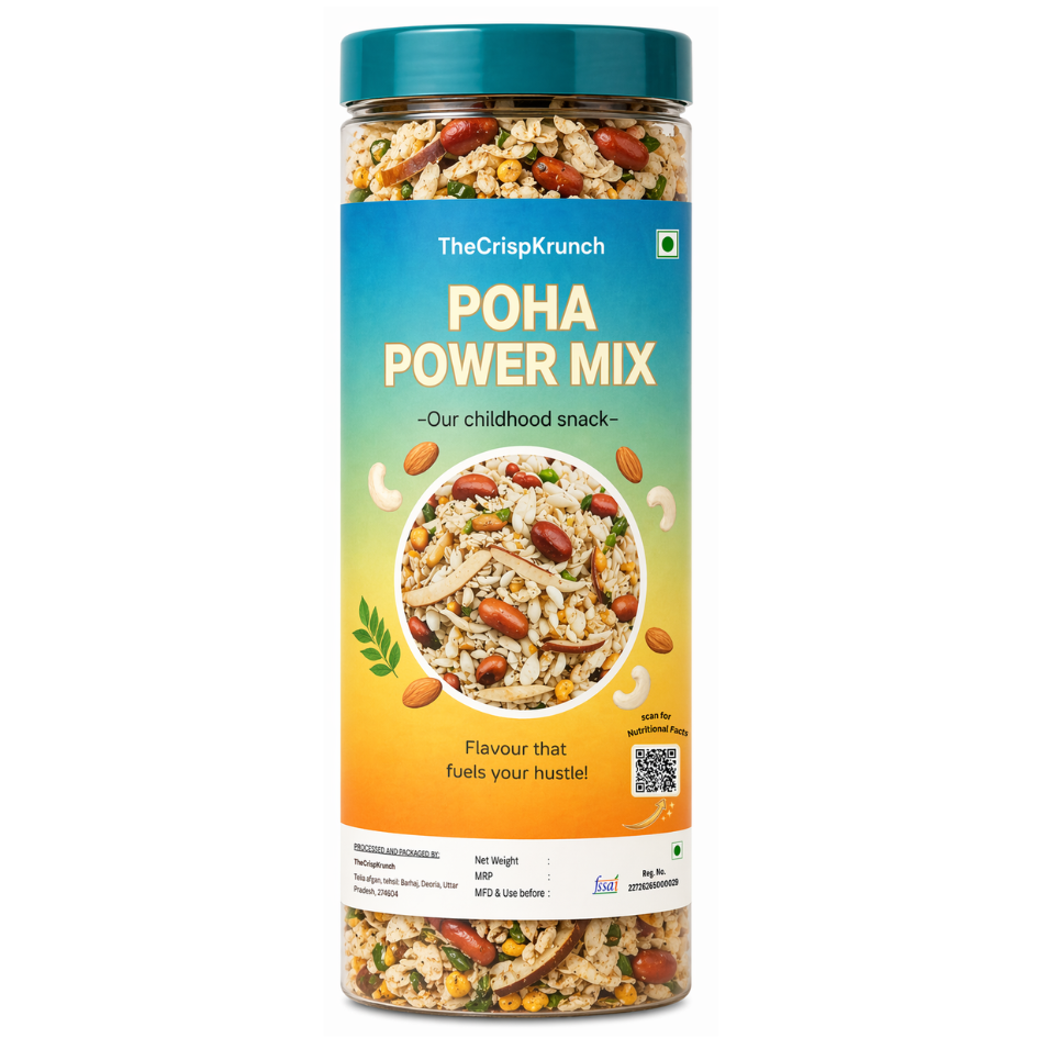 The Crisp Krunch Poha Power Mix — healthy poha namkeen snack with peanuts, almonds and clean ingredients, no palm oil