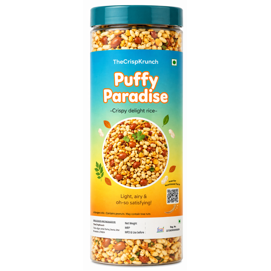 The Crisp Krunch Puffy Praradise — light and crispy  rice puff namkeen snack with peanuts, roasted chana, corn flakes in clean ingredients, no palm oil