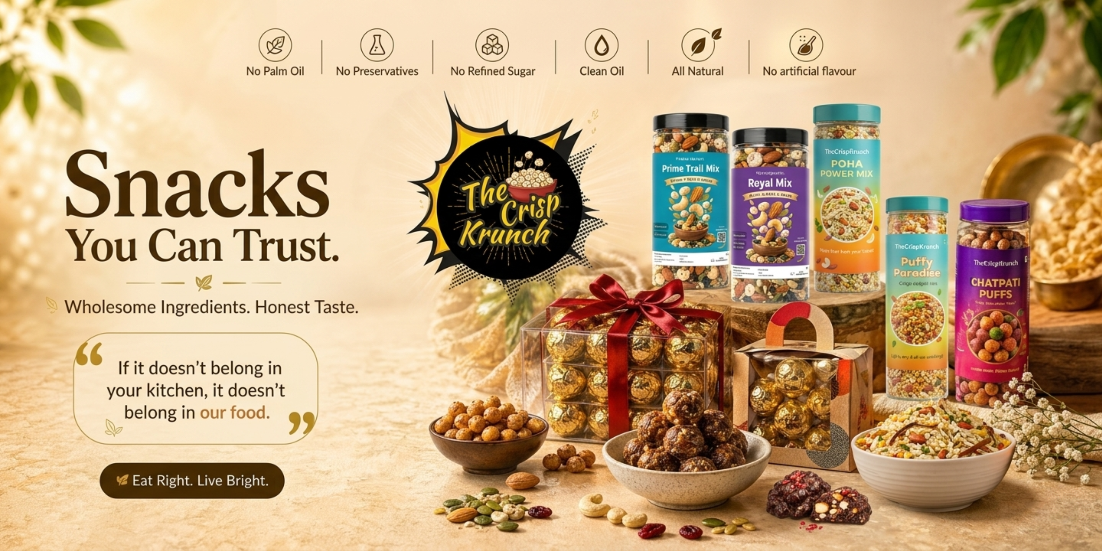 The Crisp Krunch healthy snacks — makhana, trail mix, poha namkeen, dry fruit laddus with no palm oil and clean ingredients