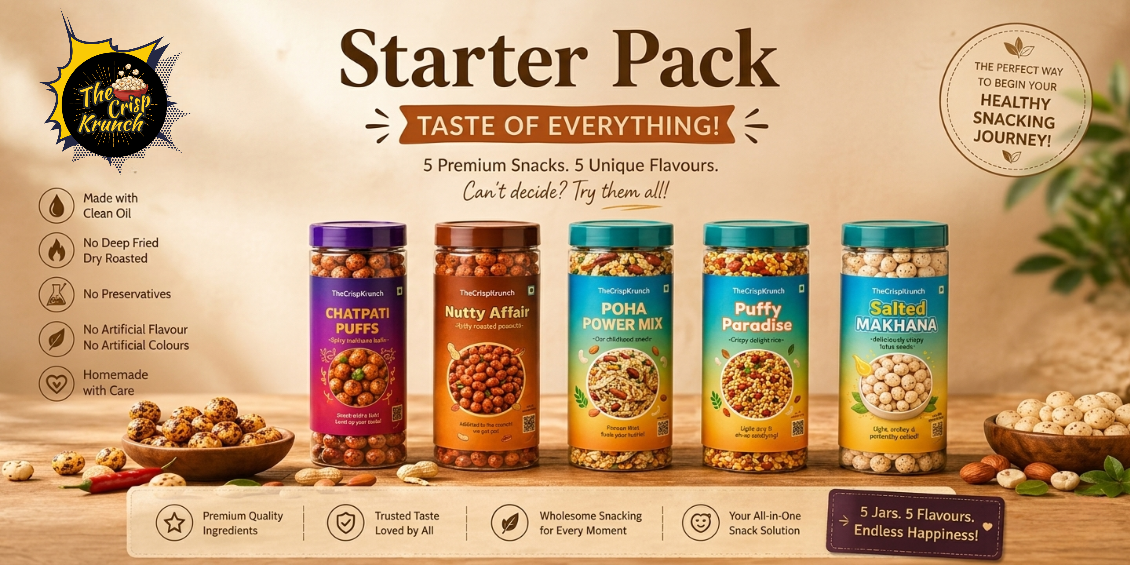 The Crisp Krunch Starter Pack banner — 5 healthy snacks in one pack, chatpati puffs, nutty affair, poha power mix, puffy paradise and salted makhana, clean oil, no preservatives