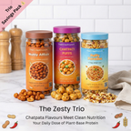 The Crisp Krunch Zesty Trio savings pack — Nutty Affair, Chatpati Puffs and Puffy Paradise, chatpata flavours with clean plant-based protein