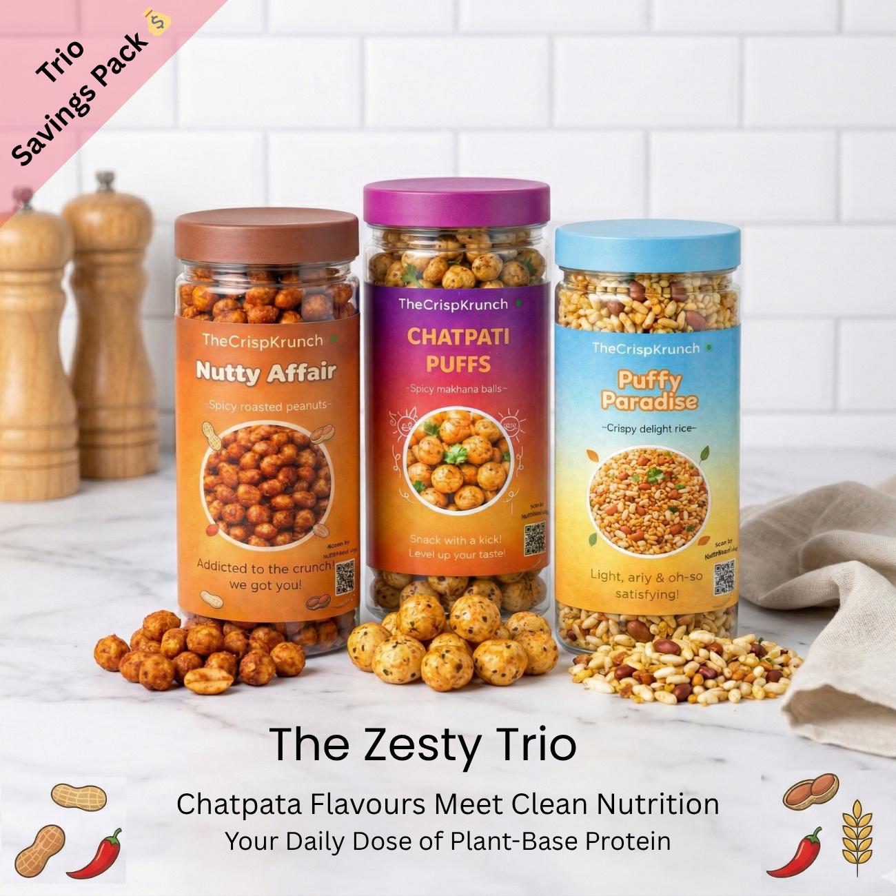 The Crisp Krunch Zesty Trio savings pack — Nutty Affair, Chatpati Puffs and Puffy Paradise, chatpata flavours with clean plant-based protein