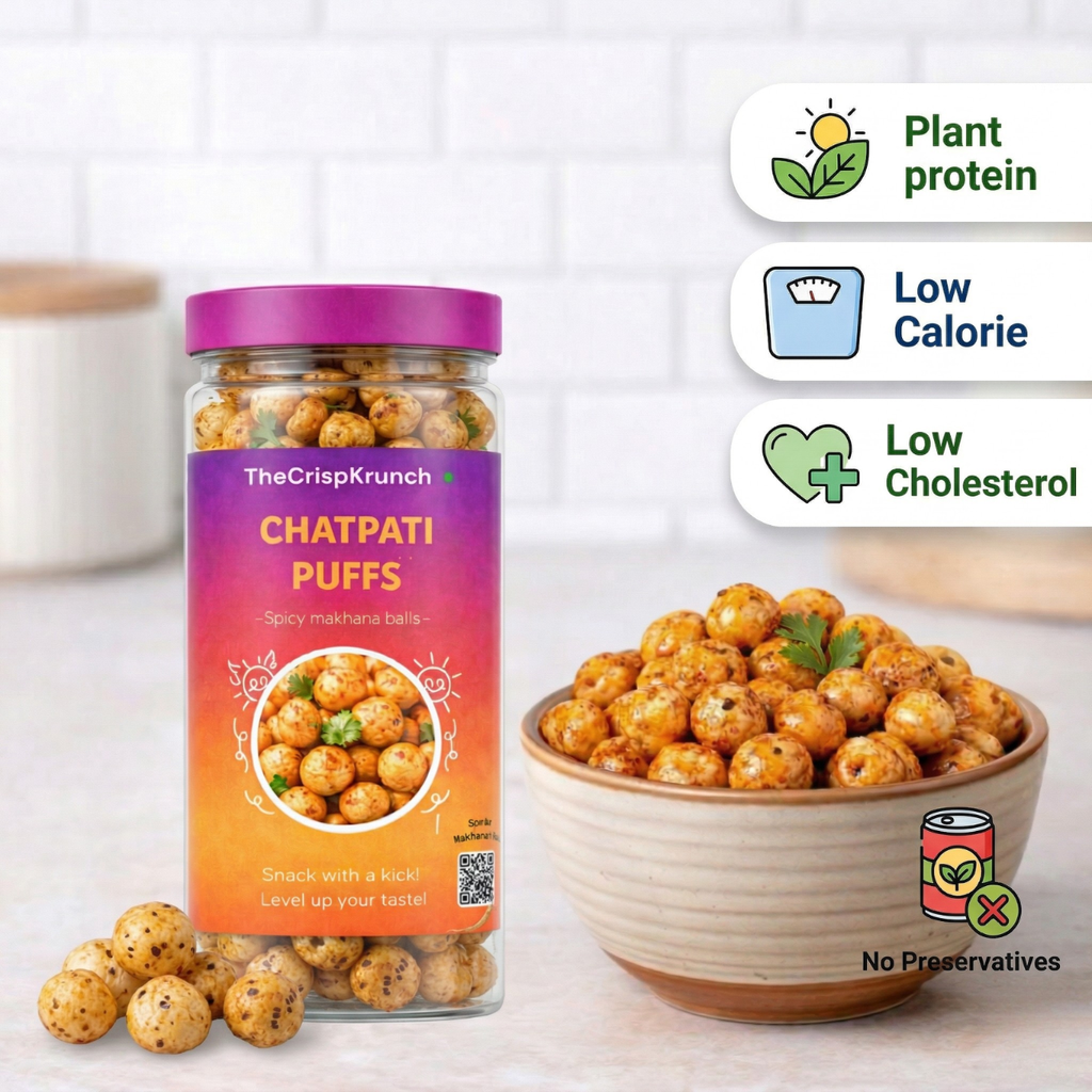 The Crisp Krunch Chatpati Puffs — spicy masala makhana balls with plant protein, low calorie, low cholesterol, no preservatives