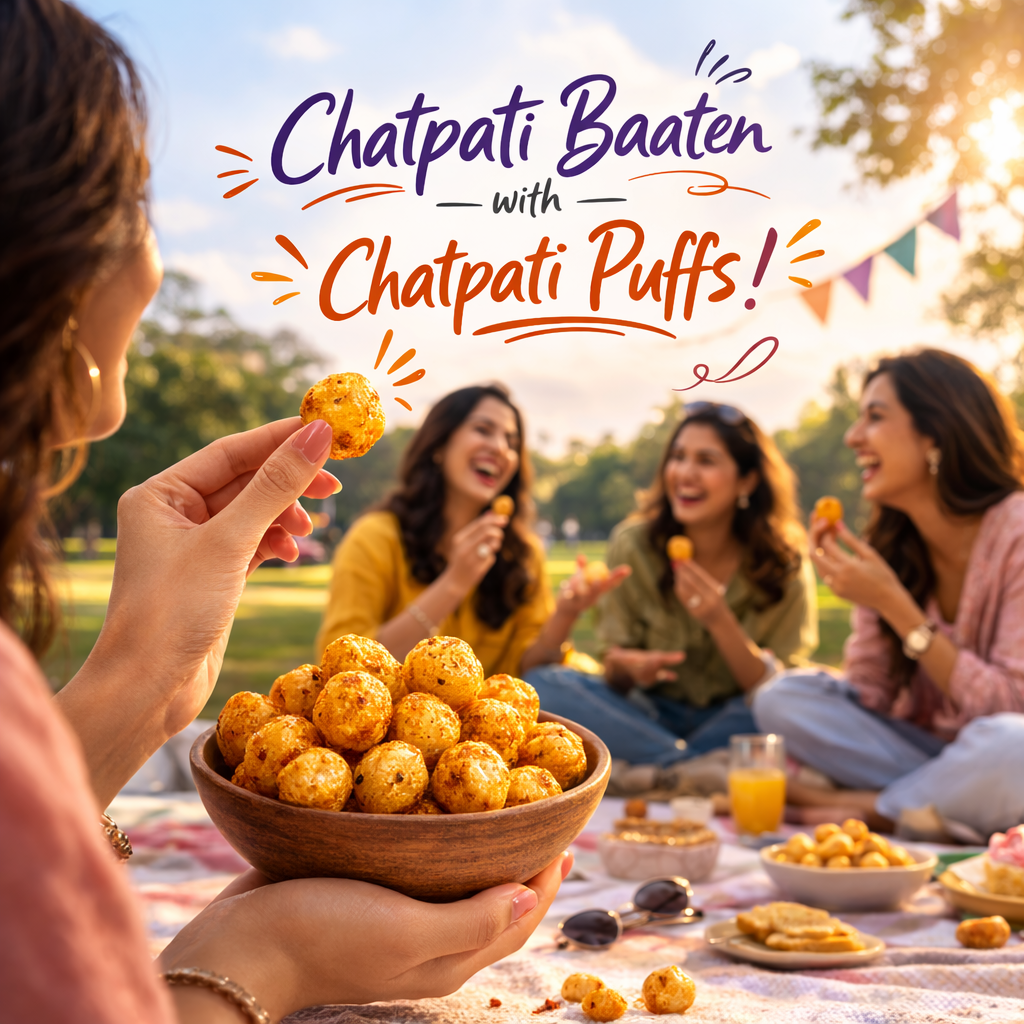 People enjoying Chatpati Puffs at a picnic with 'Chatpati Baaten with Chatpati Puffs!' text.