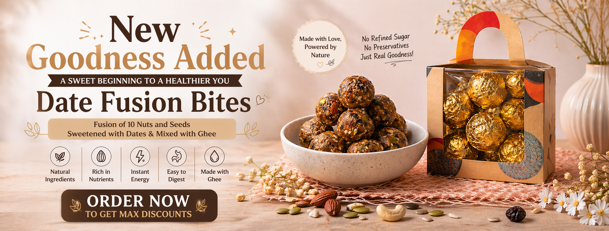 The Crisp Krunch Date Fusion Bites launch banner — fusion of 10 nuts and seeds sweetened with dates and ghee, no refined sugar, no preservatives, natural ingredients