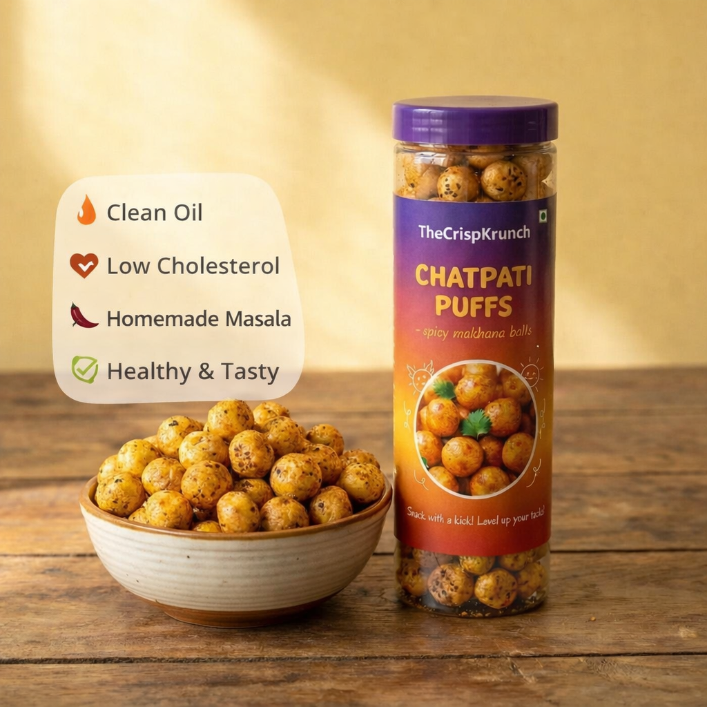 Jar of Chatpati Puffs with a bowl of puffs on a wooden surface, featuring health benefits text.