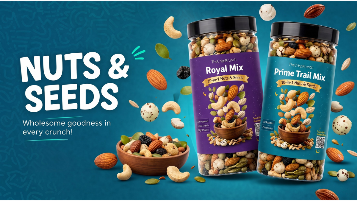 The Crisp Krunch nuts and seeds collection — Royal Mix and Prime Trail Mix, 10-in-1 healthy nut and seed snack blend, clean ingredients